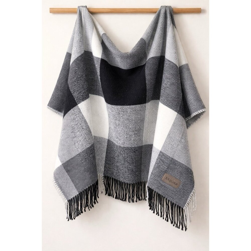 TerryTown Wool Blend Throw Blanket Gray Black White Plaid Fringe 60x50 Soft Cozy